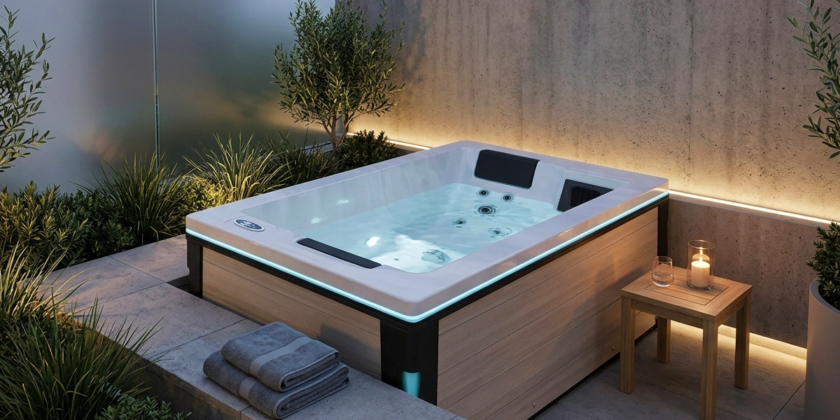 A compact spa massage pool with warm lighting, crystal-clear water, and a cozy terrace for your home relaxation area